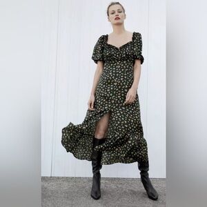 Zara - Black Satin Effect Bright Berry Short Sleeve MIDI Dress Size Small